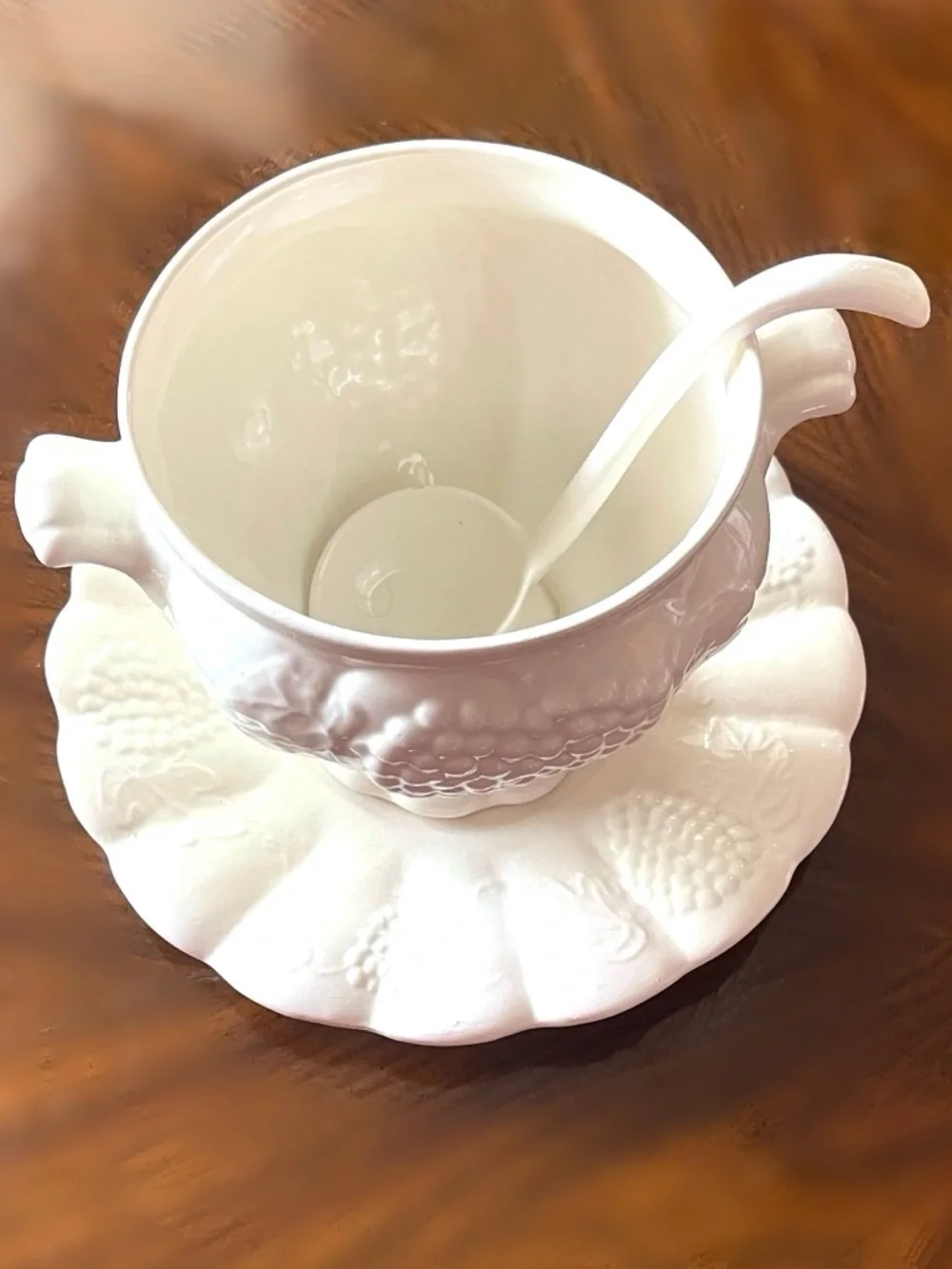 California Pottery White Ceramic Soup Taurine with Matching Under Plate & Ladle!